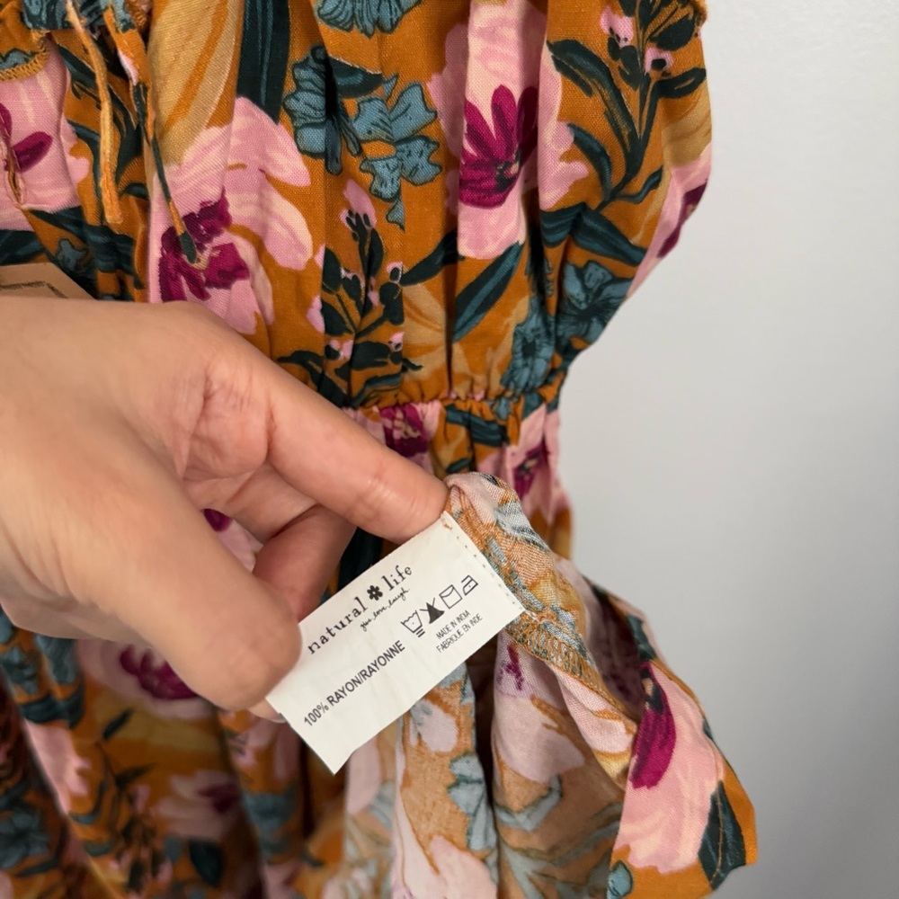Natural Life XL NEW Floral Mini Dress Yellow Pink Boho Cottage Elastic Waist - Picture 6 of 10